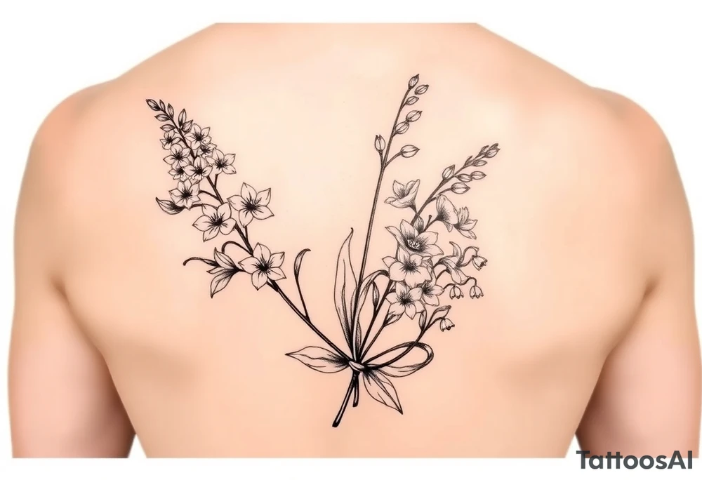 Larkspur and lily of the valley bouquet tattoo idea