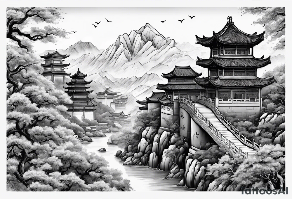 Chinese wall, realistic, art, gezeichnet, fine line tattoo idea