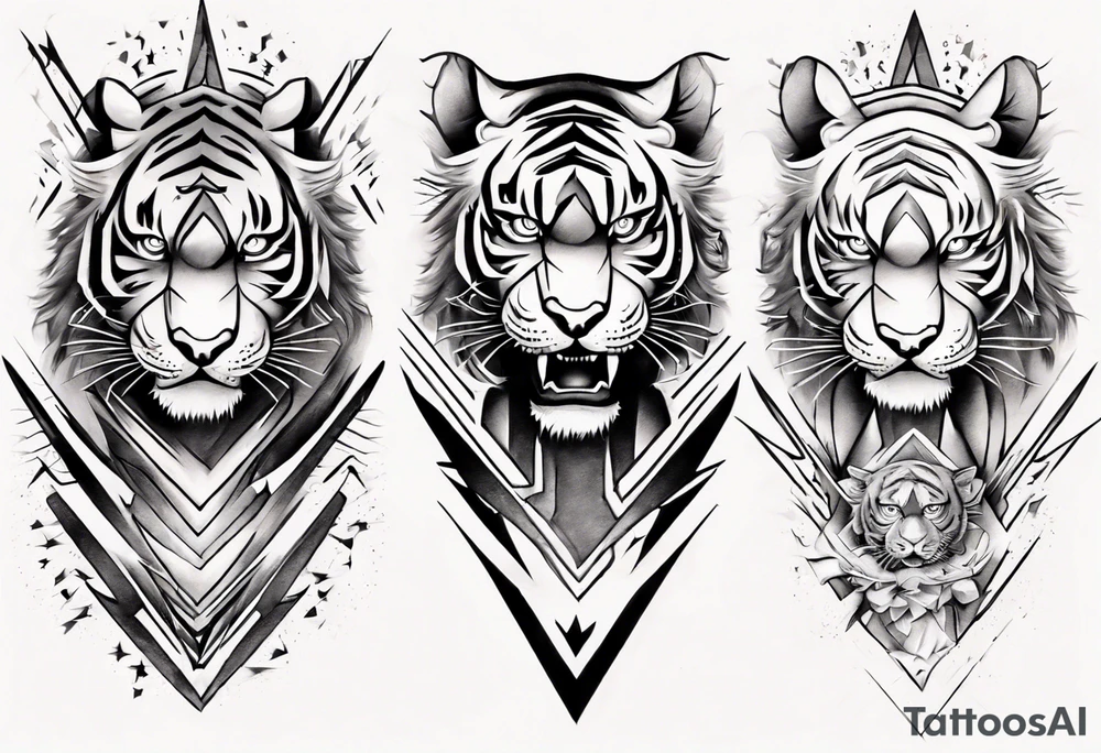 Tiger Warrior sleeve tattoo with lightning and the sun
Forearm sleeve tattoo idea