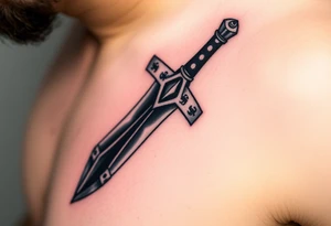 A close-up of a Templar gauntlet gripping a broadsword, with the blade reflecting flames and shadows, symbolizing power and devotion tattoo idea