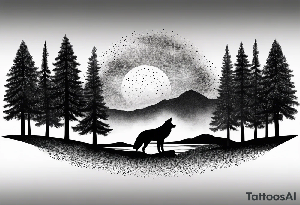 pine tree line fade landscape wolf night tattoo idea