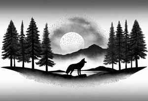 pine tree line fade landscape wolf night tattoo idea