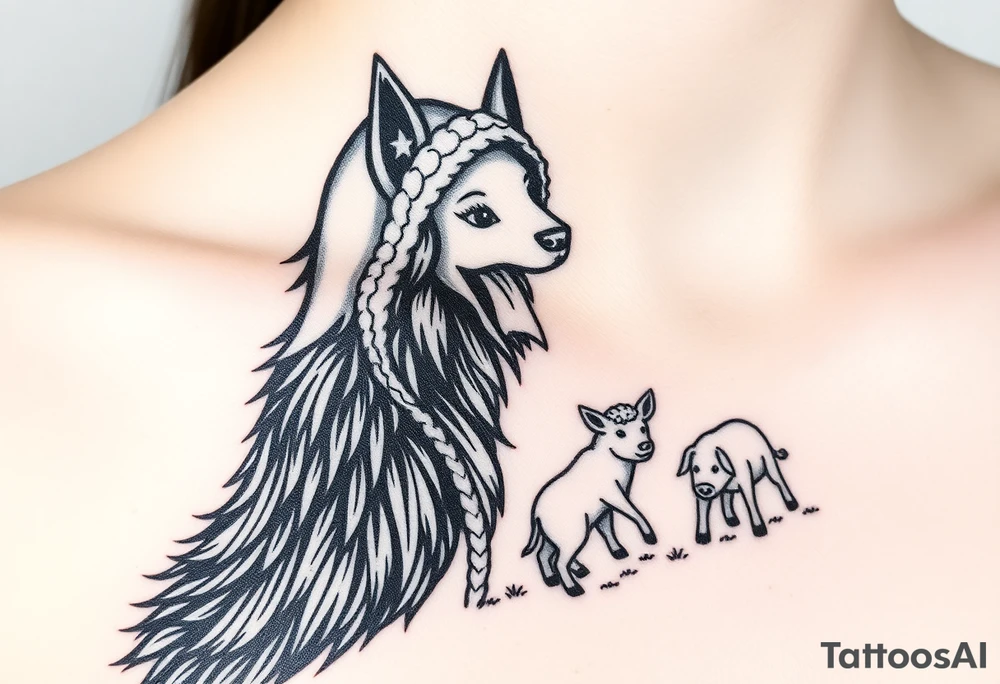 Big bad wolf nursery rhyme wearing a sheep costume with sheep head as hood and eat the three little pigs and little red riding hood in the woods tattoo idea