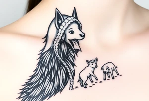 Big bad wolf nursery rhyme wearing a sheep costume with sheep head as hood and eat the three little pigs and little red riding hood in the woods tattoo idea