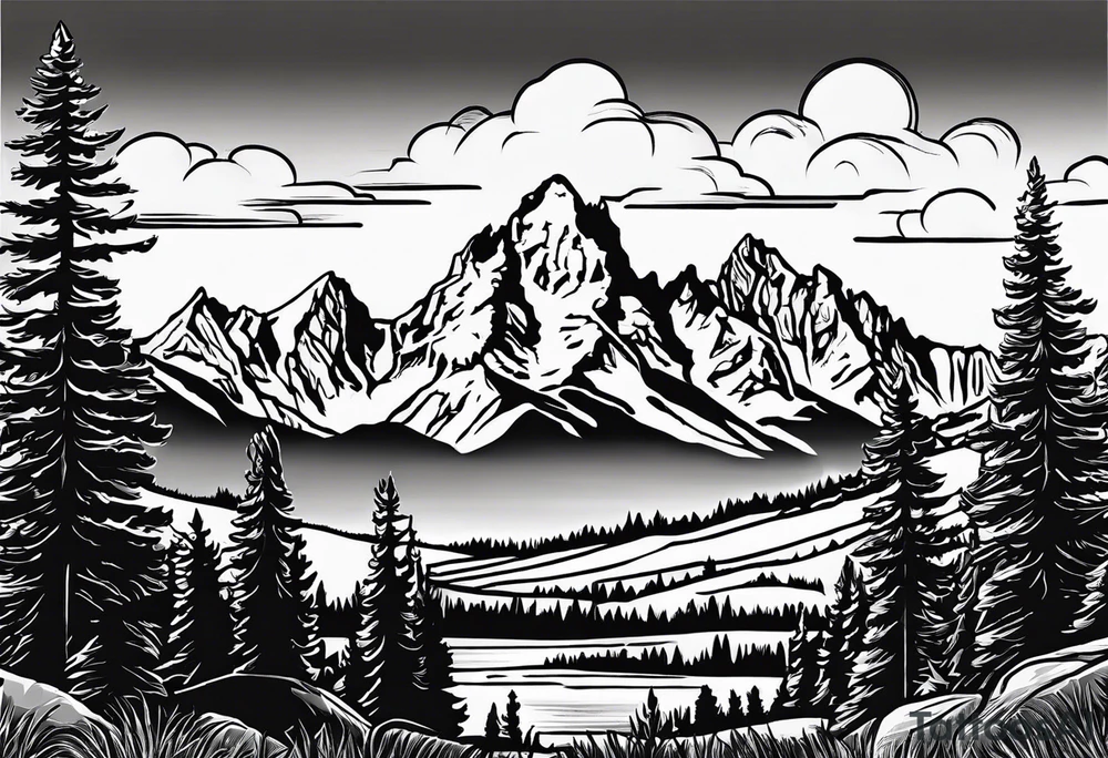 Simple Half sleeve of Teton mountain range with trees lining the bottom