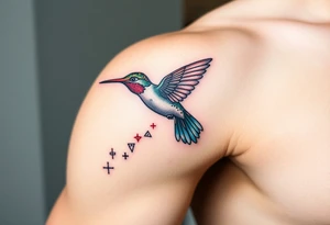 A hummingbird leaving a trail of glowing hieroglyphs as it flies(only red , blue and black are possible colors) tattoo idea