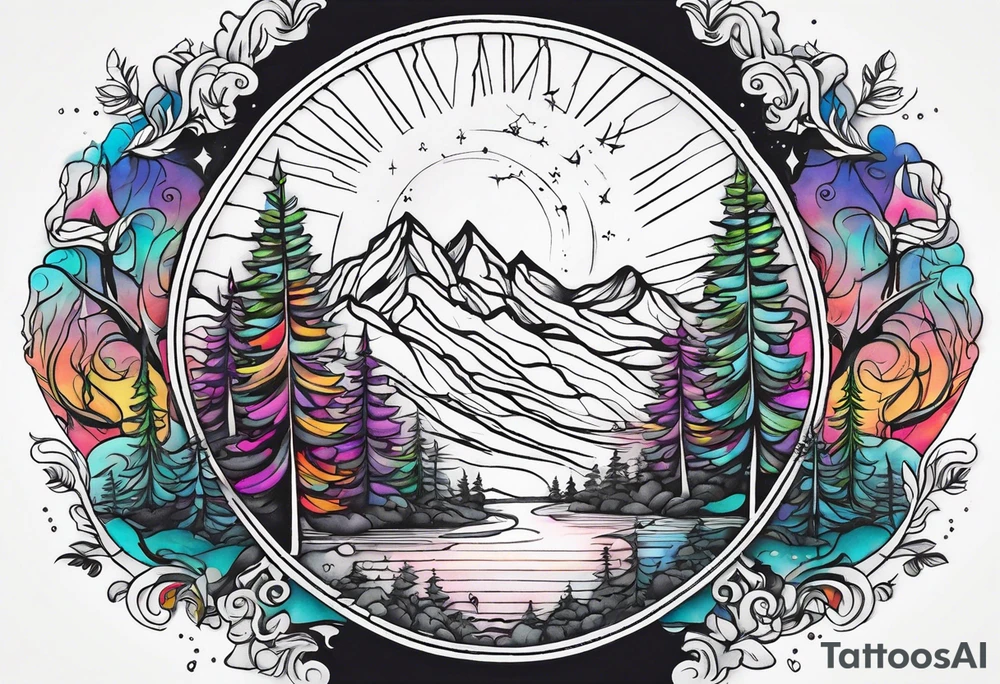 small circle shape trees mountain tattoo idea