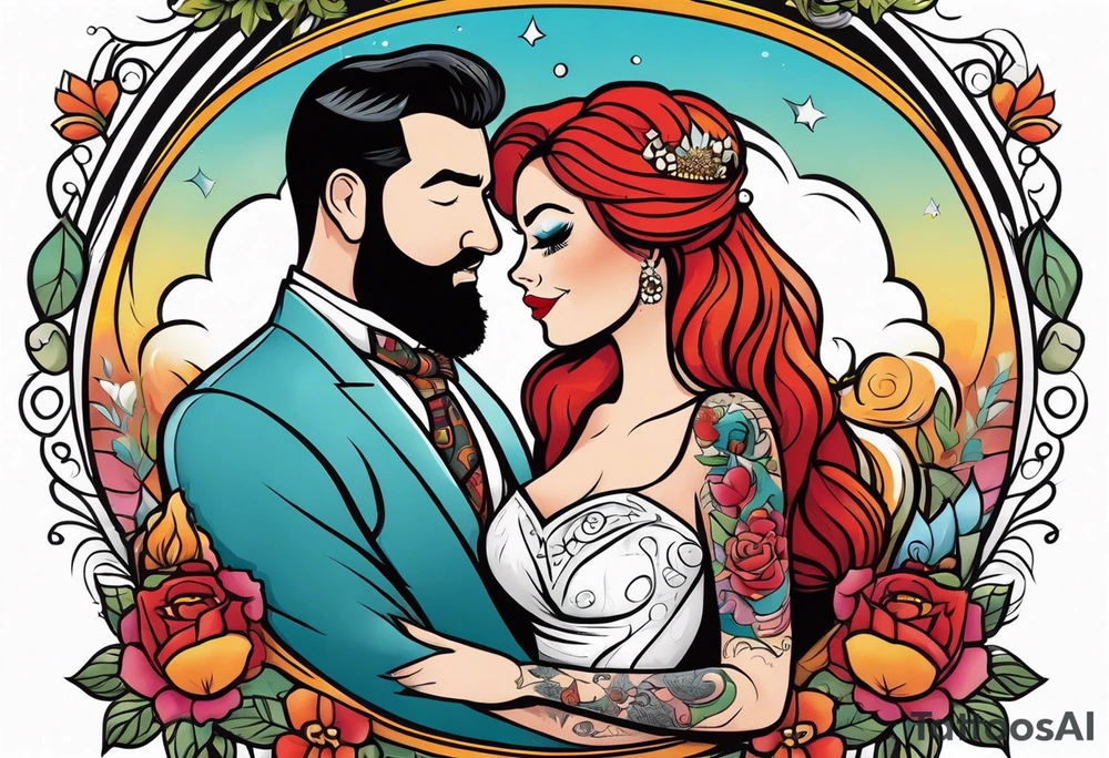 Busty red haired woman with a bearded man who has black hair getting married tattoo idea