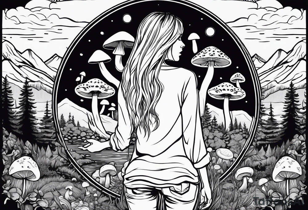 Whole picture encircled fully

Straight long blonde hair hippie girl in distance holding mushrooms in hand facing away toward mountains and creek surrounded by mushrooms long sleeve shirt and hiking pants; whole rendering within a full circle, no cut off circle tattoo idea