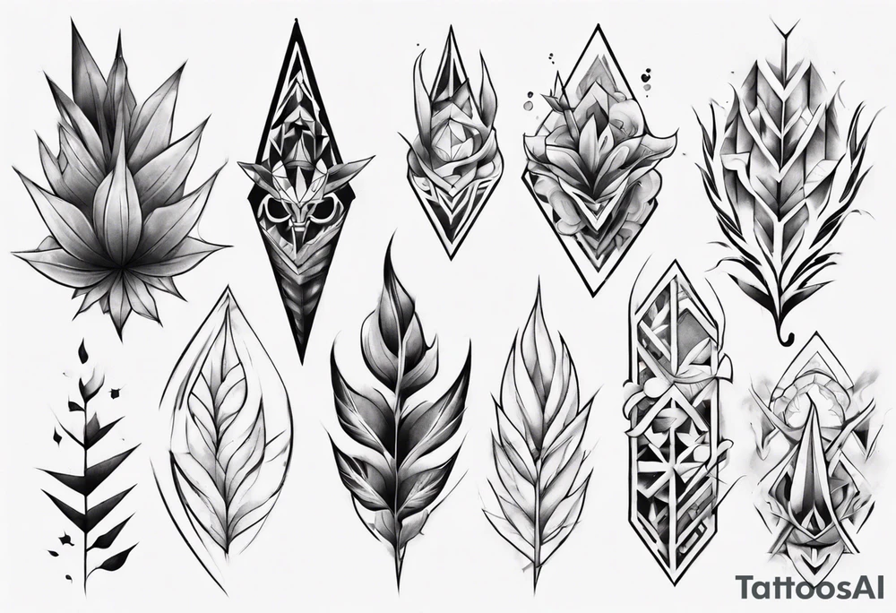full arm tattoo. pointy leaves and geometric shapes tattoo idea