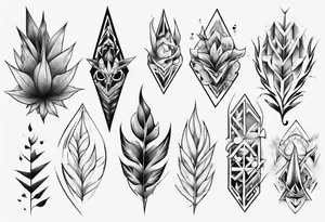 full arm tattoo. pointy leaves and geometric shapes tattoo idea