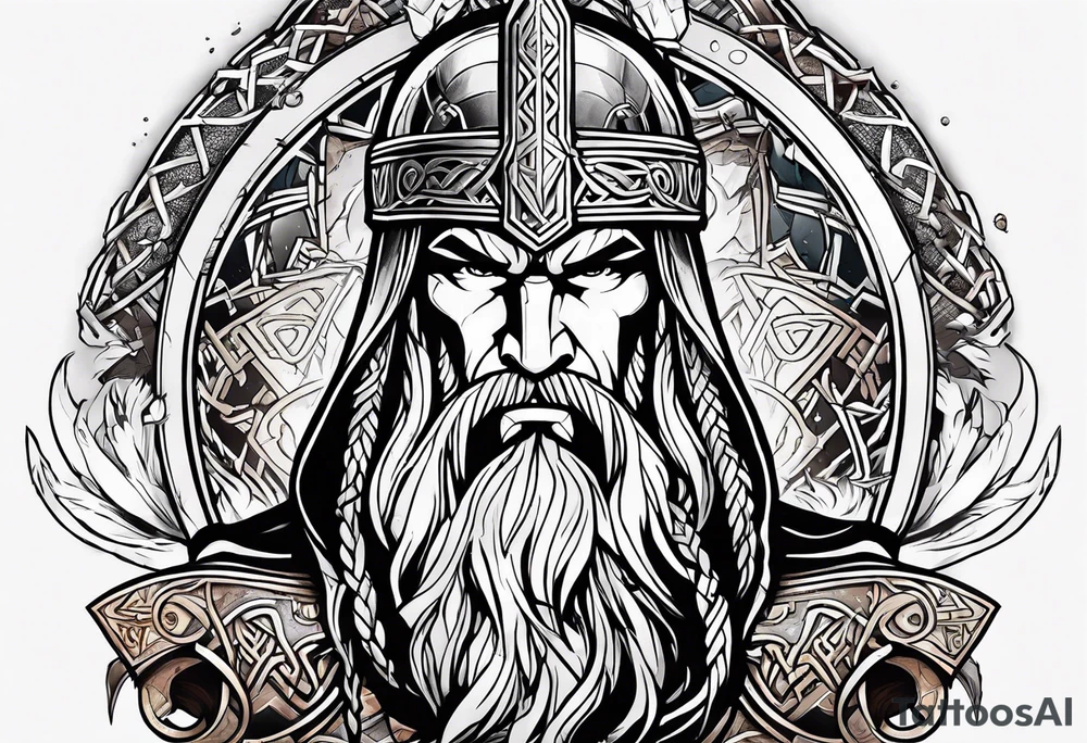 Thor with Viking runes in the background as a vignette tattoo idea