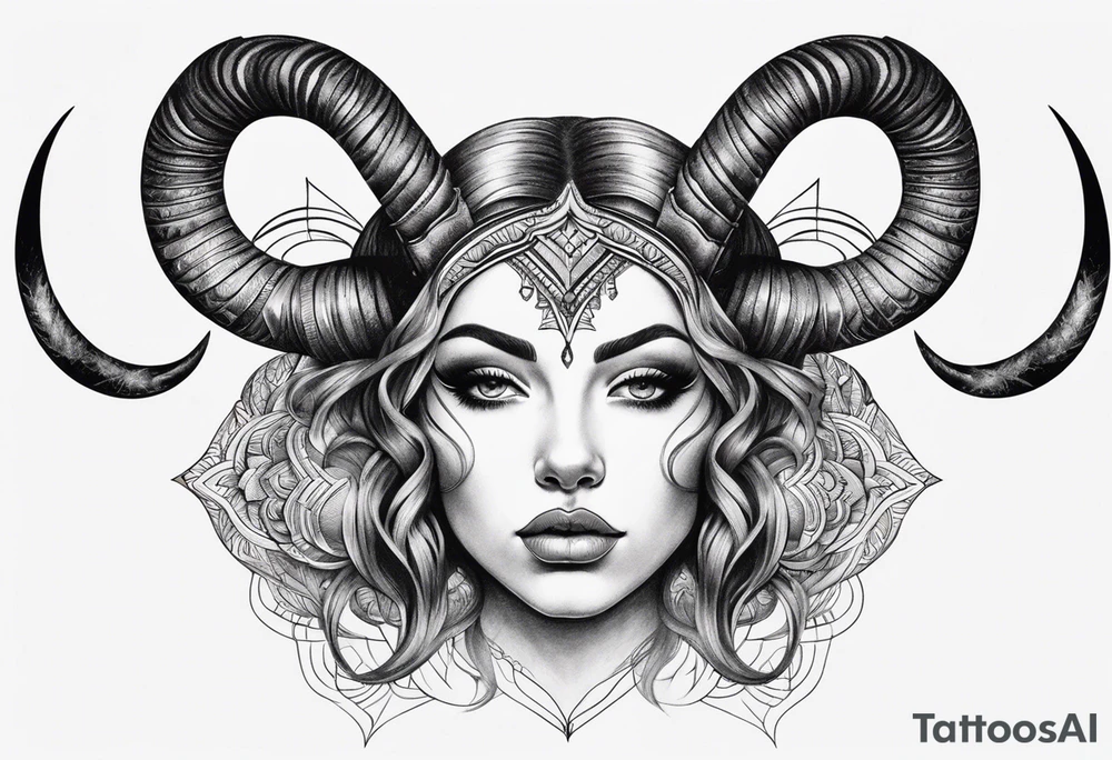 symmetrical woman head with curved horns facing downwards dark realism looking front facing view tattoo idea