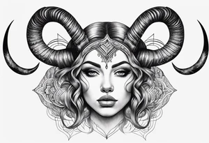 symmetrical woman head with curved horns facing downwards dark realism looking front facing view tattoo idea