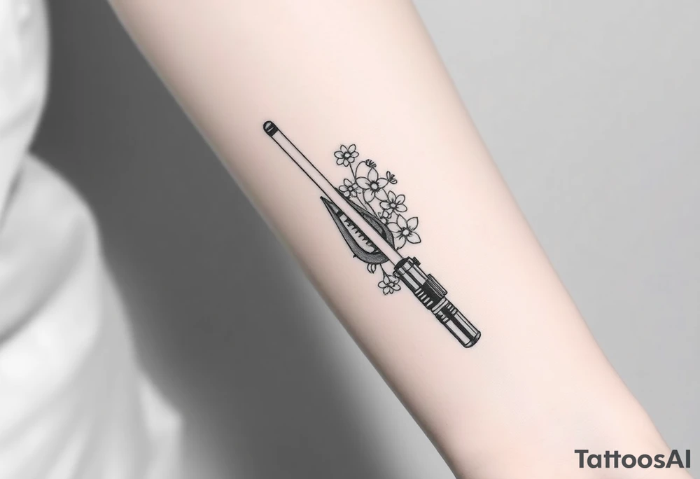 Star Wars Lightsabre with daisies, morning glory, and lily of the valley inside it tattoo idea