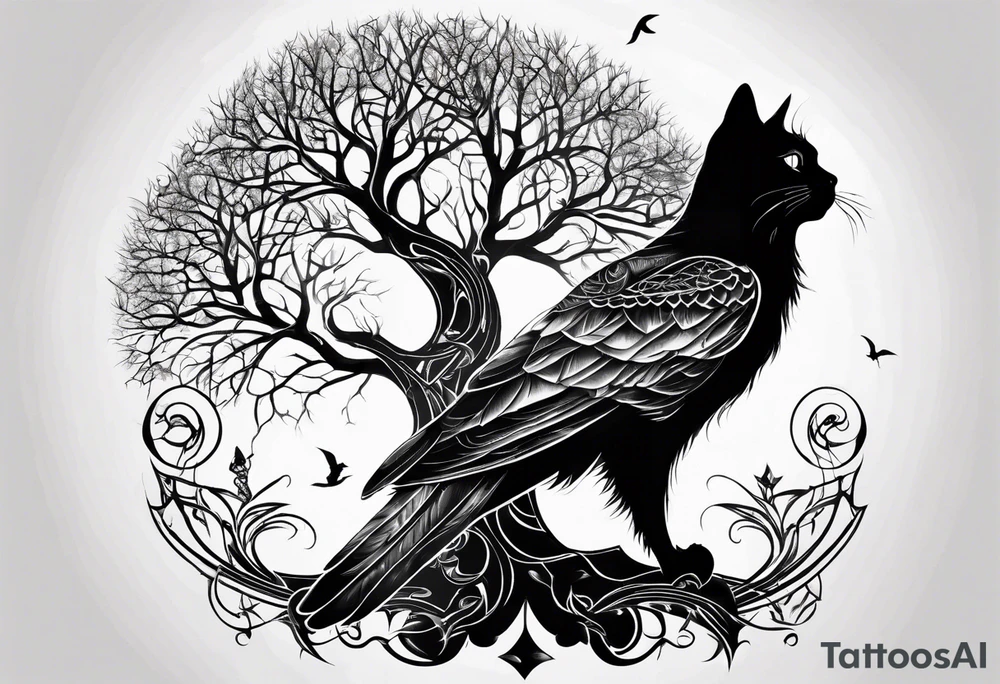 world tree with a cat and a raven and knotwork tattoo idea