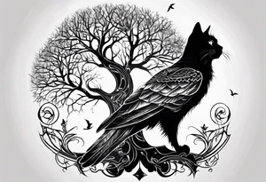world tree with a cat and a raven and knotwork tattoo idea