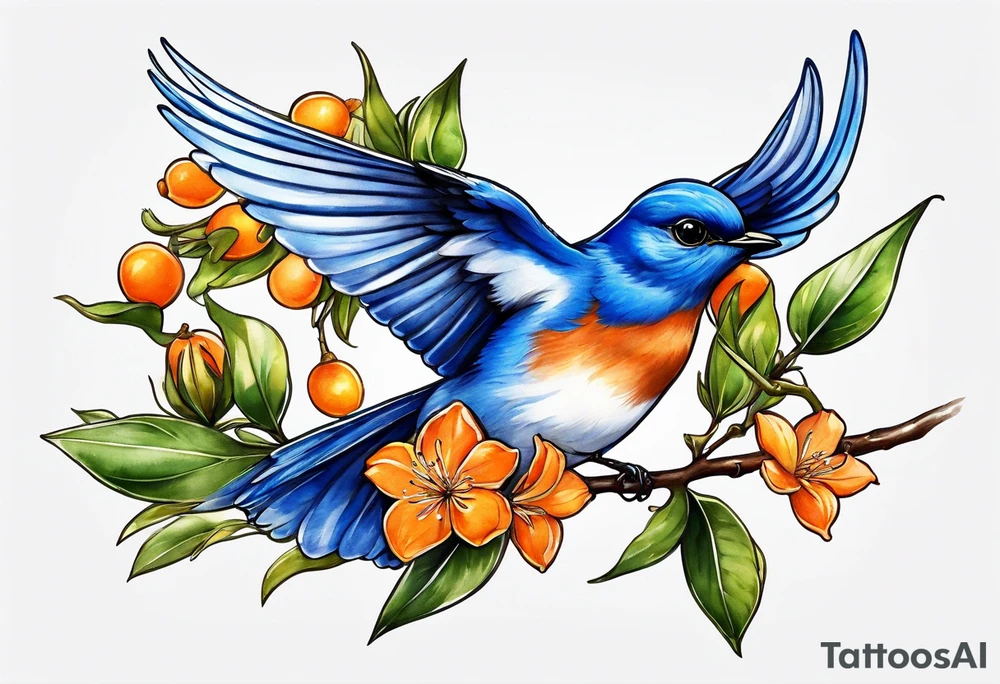 bluebird flying off of branch with orange blossoms tattoo idea