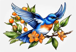 bluebird flying off of branch with orange blossoms tattoo idea