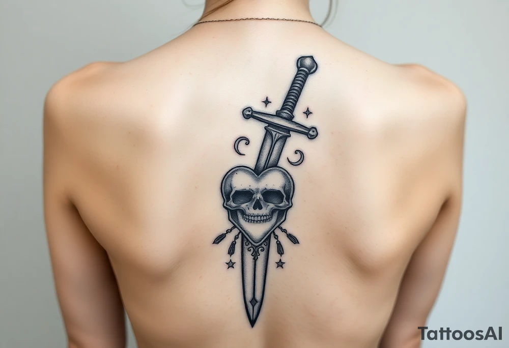 A long weathered guard sword going down spine with a skull heart tattoo idea