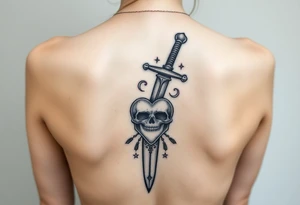 A long weathered guard sword going down spine with a skull heart tattoo idea