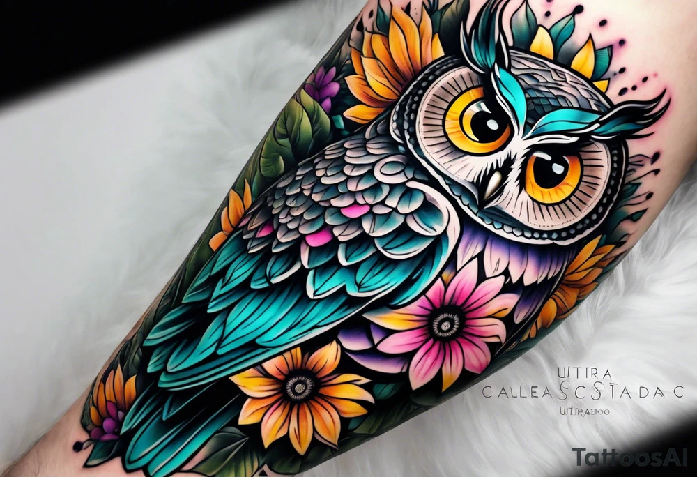 Leg Sleeve with black and white owl that's lightly shaded teal, pink and purple and yellow sunflowers tattoo idea