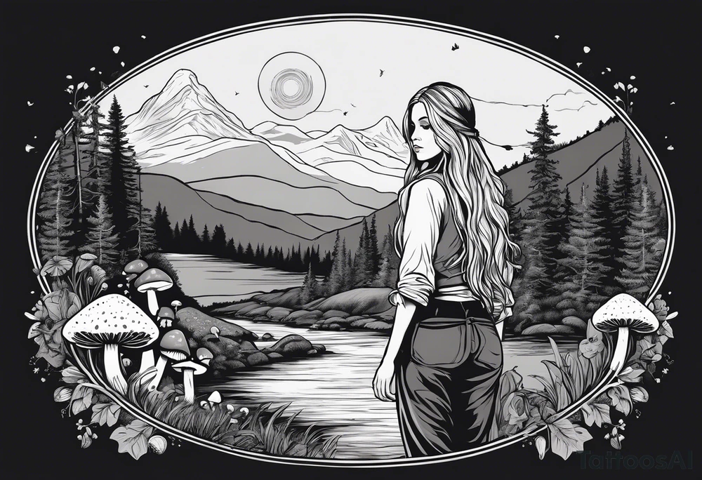 Whole picture encircled fully

Straight long blonde hair hippie girl in distance holding mushrooms in hand facing away toward mountains and creek surrounded by mushrooms long sleeve shirt and hiking pants; whole rendering within a full circle, no cut off circle tattoo idea