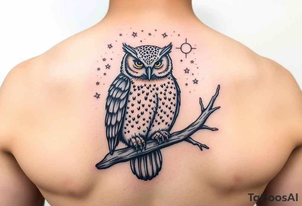 wise owl perched on ancient oak branch under starlit sky tattoo idea