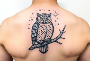 wise owl perched on ancient oak branch under starlit sky tattoo idea