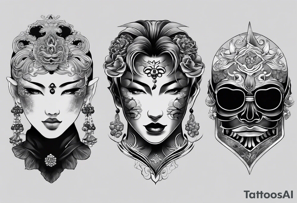 The Japanese say you have three faces. The first face, you show to the world. The second face, you show to your close friends and your family. The third face, you never show anyone.

make it for a chest piece and make it darker tattoo idea