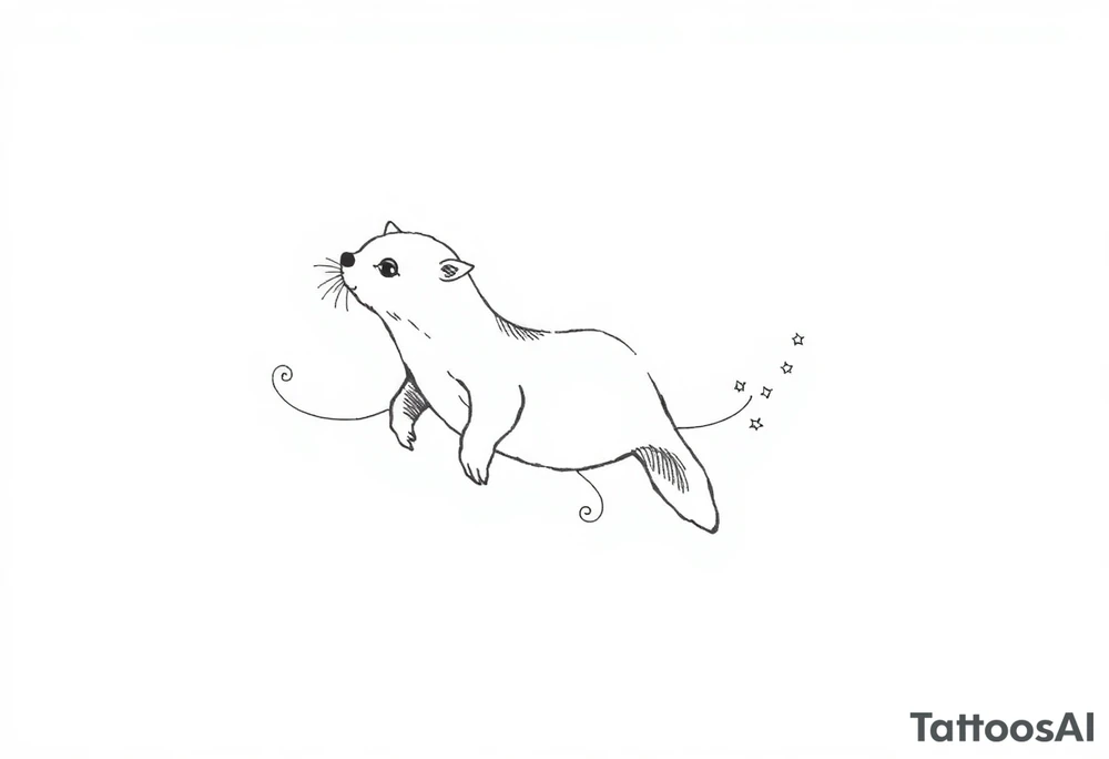 Dopamine molecule behind the outline of a gracefully swimming otter with flourish lines and stars tattoo idea