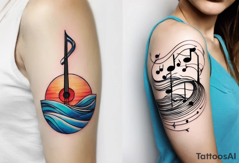 a line at the top of my arm (near the shoulder) with a music note on a staff at the top, a water wave below it, a pocket beneath it and the mushroom last - it's one line down the arm tattoo idea