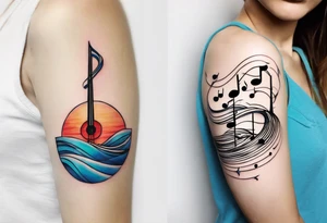 a line at the top of my arm (near the shoulder) with a music note on a staff at the top, a water wave below it, a pocket beneath it and the mushroom last - it's one line down the arm tattoo idea
