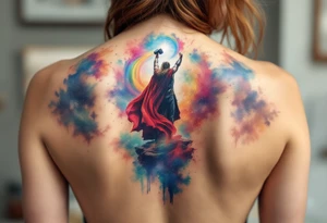 Chris Hemsworth’s Thor A full back piece of Thor standing on the Bifrost, his hammer raised, with the rainbow bridge stretching behind him, in vibrant colors. tattoo idea