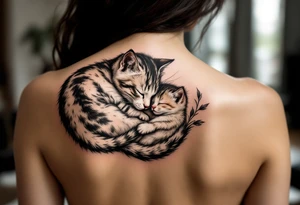 A cat and kitten in black ink intertwined in sleep represents warmth, trust, and quiet love. tattoo idea