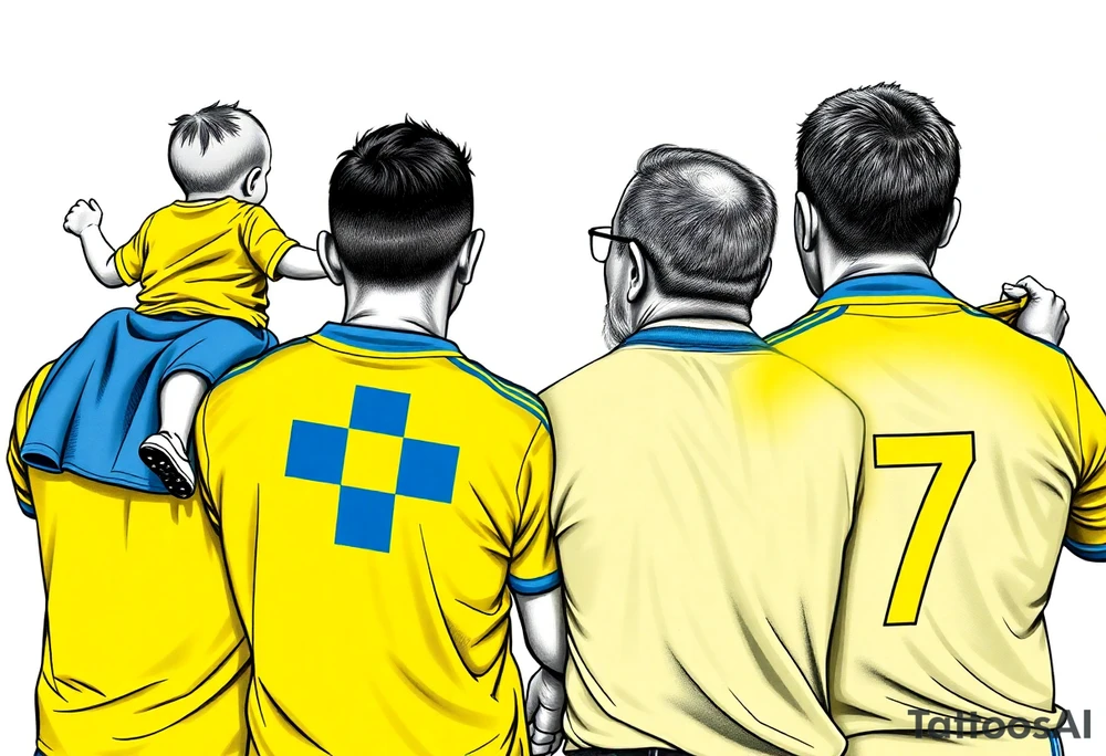 4 soccer fans from their backs, wearing yellow blue shirts. the second one from left having a kid on his shoulders, and he's rising a scarf.
the right one is older, more fat and shorter and wearing an shirt with the number 7 on it and has on his shoulders line like adidas
the left on has a yellow-blue Checkered on his shirt and he's holding a yellow-blue scarf in his right hand
make some space between the men tattoo idea