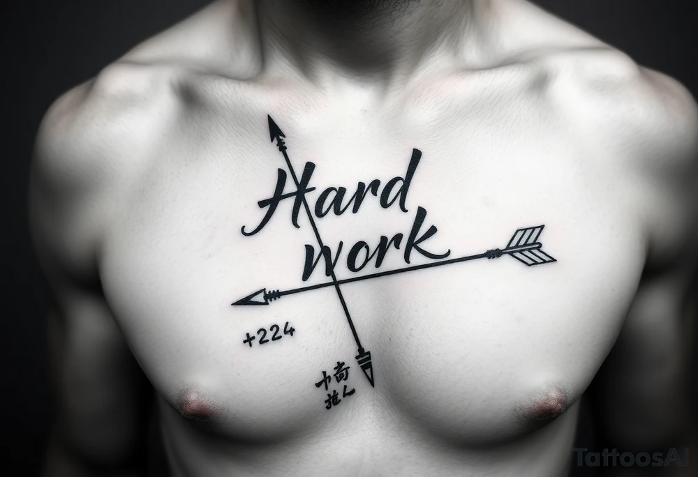 chest tattoo with japanese writing of hard work combined with bow and arrow tattoo idea