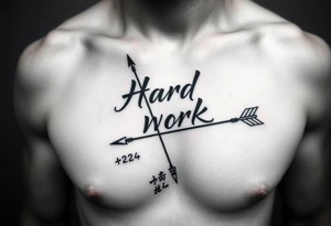 chest tattoo with japanese writing of hard work combined with bow and arrow tattoo idea