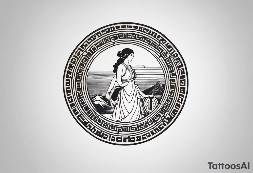"Create a minimalist round tattoo inspired by ancient greek art, centered around the muse of history. Design a circular composition featuring the muse depicted in the center, holding a scroll adorned with historical symbols or inscriptions. Surround her with subtle yet meaningful elements such as ancient greek architectural motifs, symbolic representations of ancient civilizations, or fragments of historical texts. Ensure the design maintains a minimalist aesthetic with clean lines and limited detail, while capturing the essence of dedication to preserving and inspiring the study of history within the circular frame." tattoo idea