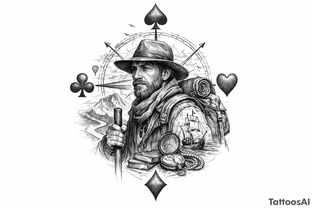 Fine line surreal portrait of a traveler with club crests as compass points tattoo idea