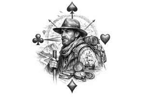 Fine line surreal portrait of a traveler with club crests as compass points tattoo idea