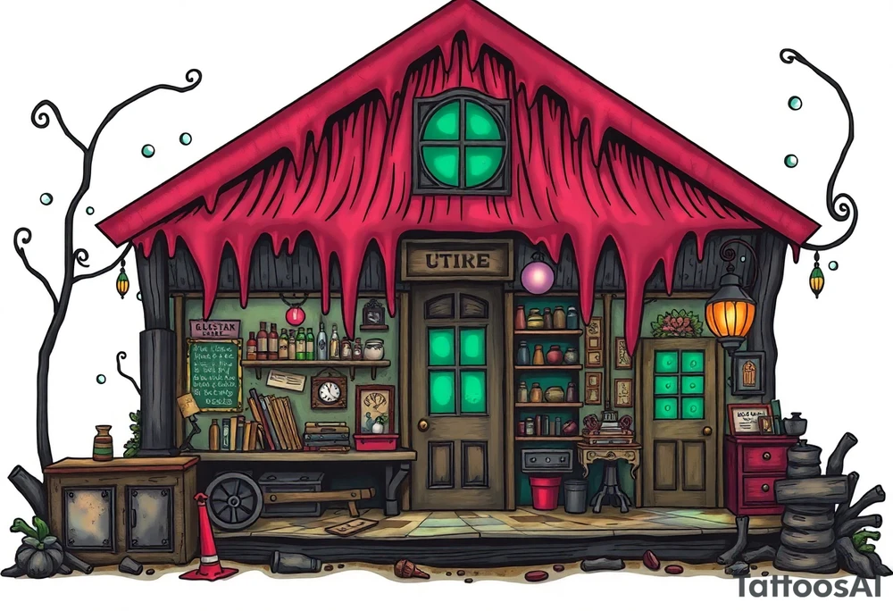 Tim Burton’s hobby shop from outside viewis abandoned and dripping with muted reds, dusty pinks, and eerie green glow. tattoo idea tattoo idea