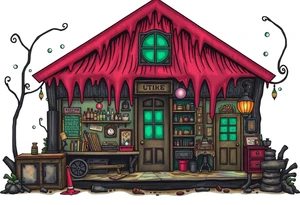 Tim Burton’s hobby shop from outside viewis abandoned and dripping with muted reds, dusty pinks, and eerie green glow. tattoo idea tattoo idea