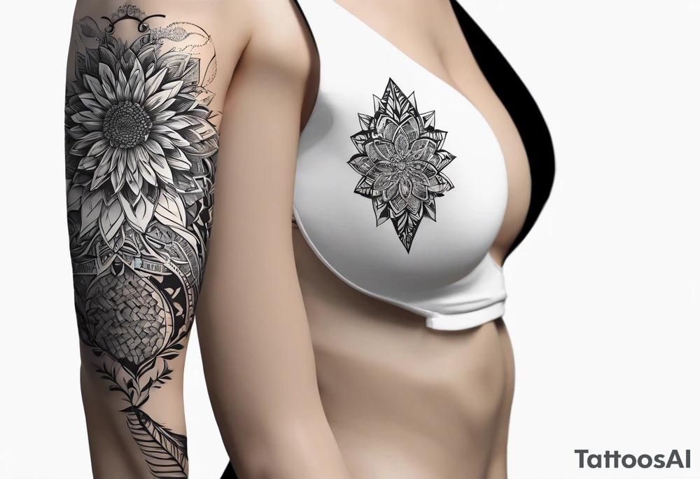 Nature theme. Realistic and geometric style. Black and white color. It will go up the left arm, starting from the elbow, passing through the shoulder and going to the upper left half of the back, also taking in a little of the left breast.

The design would be as follows: rising from the left elbow with feathers moving in the wind, interacting in space with tree branches with leaves, also under the influence of the movement of the wind, which can also be represented. As the arm rises, rays also appear and, approaching the shoulder, a vortex of energy from which the feathers come reveals the head of an owl located on the left chest. On the back, the tree branches reach and enter a more solid geometry that refers to the earth in a psychedelic way, mixing various elements that refer to the energy of creation, birth, earth house, spiral, symbols of community, all together as an implosion that represents where life comes from and some chain breaking. tattoo idea