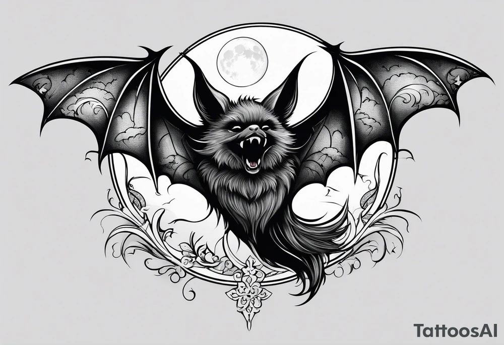 A bat wrapped in smoke with a moon tattoo idea