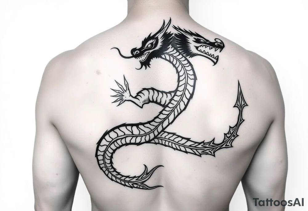 A bold, full-back tribal dragon tattoo in black ink, coiled in an S-shape or spirals across the upper back. The design uses sharp, flowing lines, spines, and flame-like patterns to create an aggressive yet balanced aesthetic. The dragon appears fierce and protective, symbolizing power, transformation, and resilience. incorporating Amazigh (Berber) symbols for strength, freedom, and identity. The design should reflect themes of transformation, grounding, and soul direction, resonating with a journey of inner rebirth and spiritual embodiment. Style: fine linework, sacred geometry, tribal influence, and dotwork. Ink: black or dark brown. tattoo idea