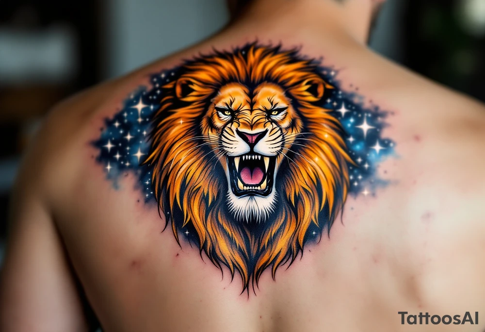 A golden Leo lion roaring beneath a constellation of stars inked in shimmering white and navy blue on a galaxy-tinted sky. tattoo idea