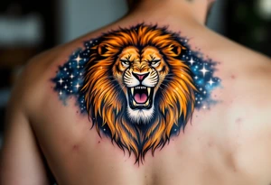 A golden Leo lion roaring beneath a constellation of stars inked in shimmering white and navy blue on a galaxy-tinted sky. tattoo idea