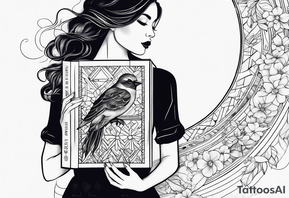 woman holding a book and birds and flowers tattoo idea