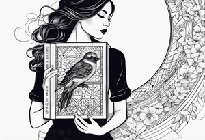 woman holding a book and birds and flowers tattoo idea